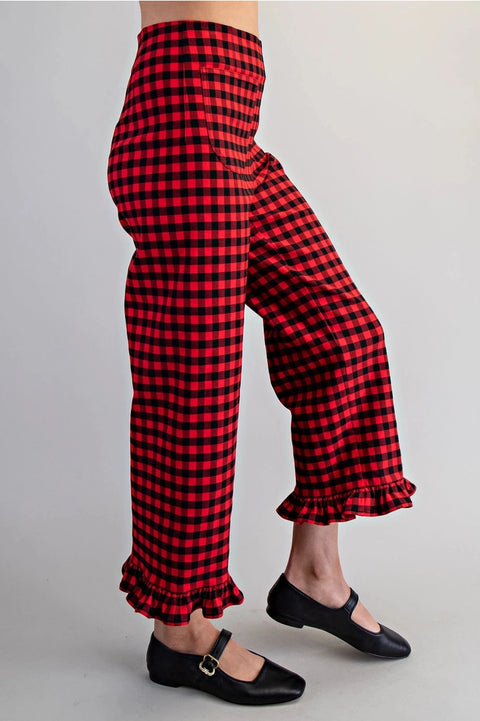 Gingham Ruffle Trim Straight Leg Pants