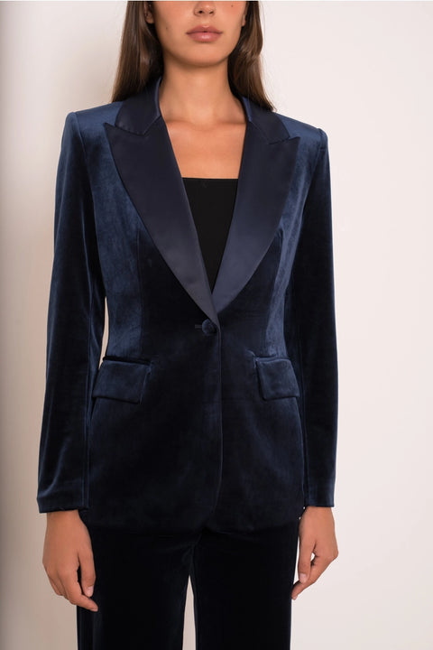 Velvet Fitted Velvet Tuxedo Blazer with Satin Lapel