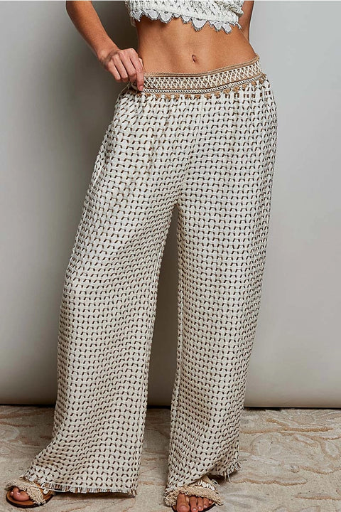 Allover Open-Weave Pattern Waistband Wide-Leg Pants