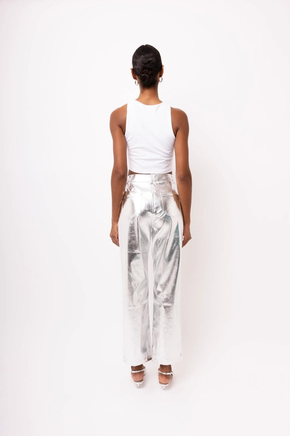 Lupe Straight Faux Leather Metallic Pants Silver-Pants-Amy Lynn-S-Urbanheer