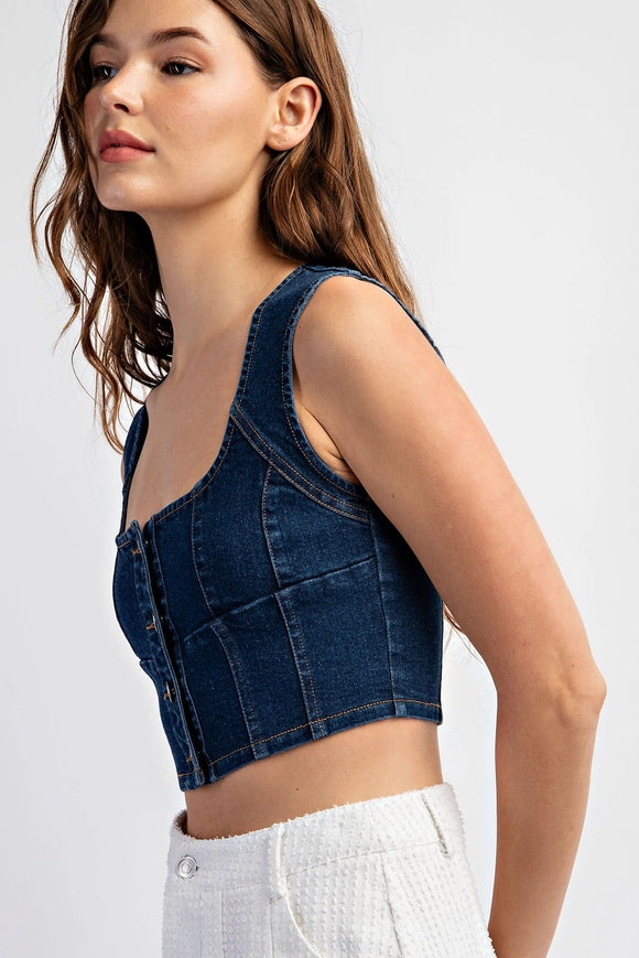 Stretch Denim Sleeveless Button Crop Top-Top-EDIT by NINE-Denim Blue-S-Urbanheer