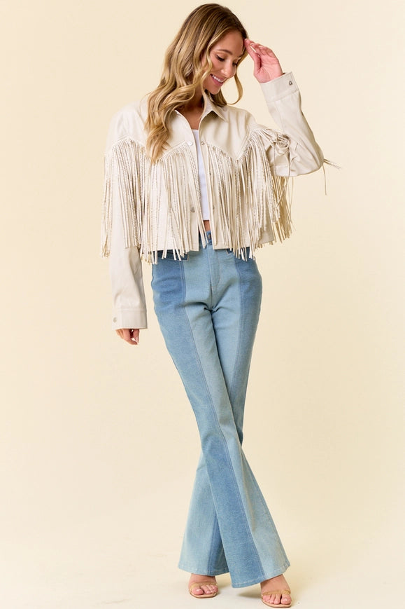 Cream Pu Silver Studded Fringe Button Down Jacket-Jacket-Saints & Hearts-S-Urbanheer