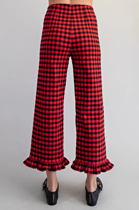 Gingham Ruffle Trim Straight Leg Pants