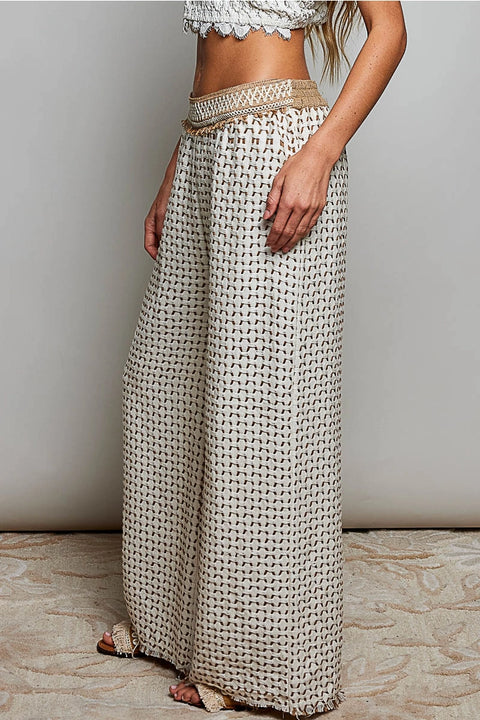 Allover Open-Weave Pattern Waistband Wide-Leg Pants