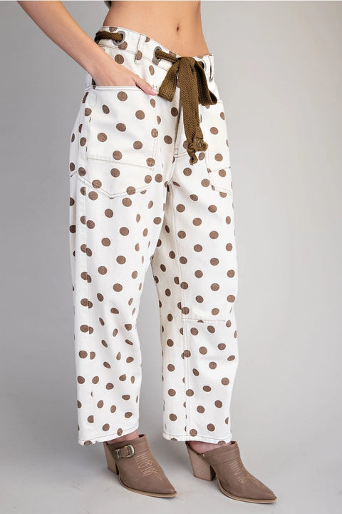 Polka Dot Front Tie Barrel Pants
