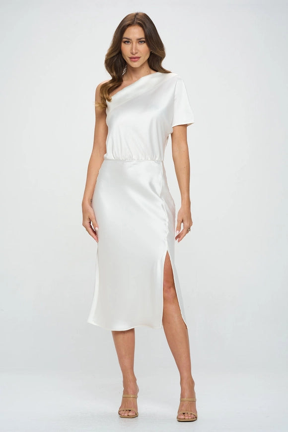 Stretch Satin One Shoulder Dress Ivory-Dresses-Renee C.-Small-IVORY-Urbanheer