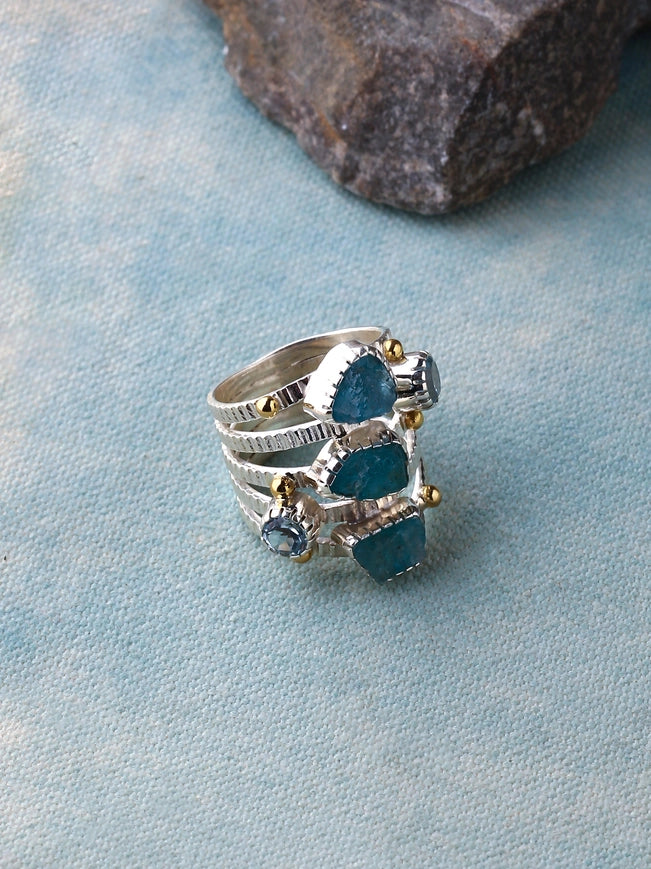 Apatite, Blue Topaz Sterling Silver Ring with Brass Accent-Ring-Tiramisu-5-Urbanheer