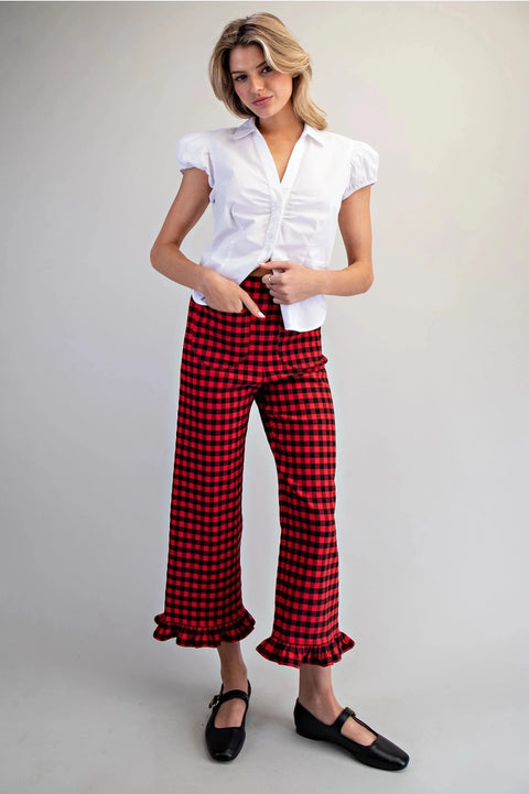 Gingham Ruffle Trim Straight Leg Pants