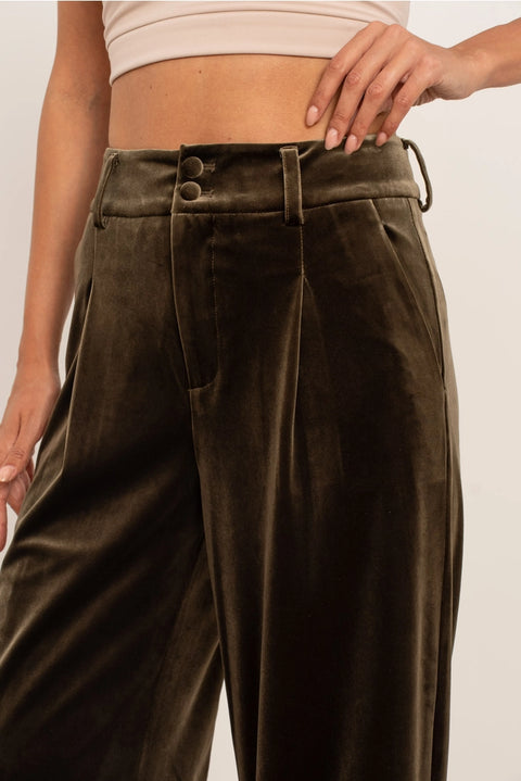 Wide Velvet Flowing Trousers with Double-Button Fastening