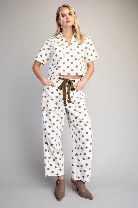 Polka Dot Front Tie Barrel Pants
