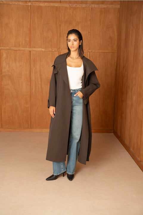 Utility Oversized Long Belted Trench with Stand-Up Collar