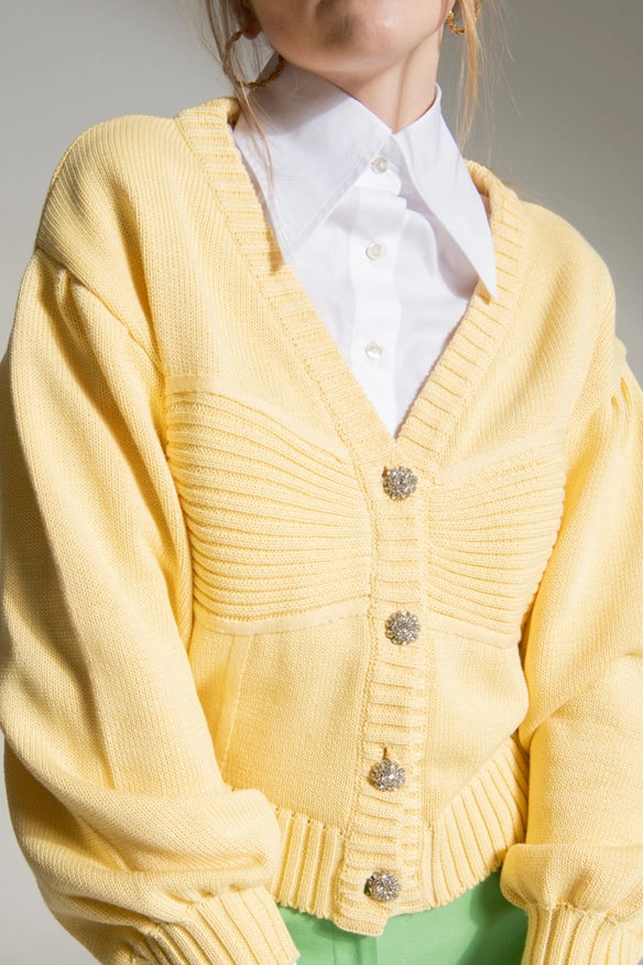 Yellow Cardigan With Jewel Buttons-Cardigan-Nicole Baratta-Urbanheer