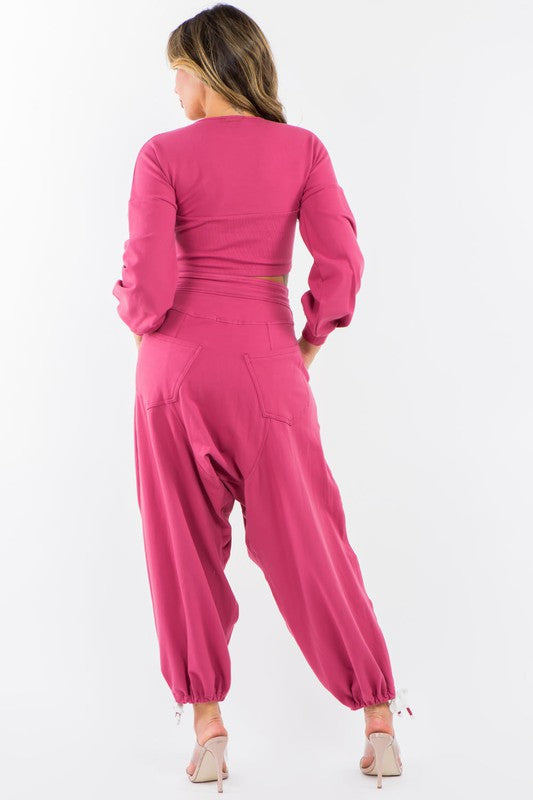 High Waisted Baggy French Terry Pants Magenta-Pants-LABIJOU-S-Urbanheer