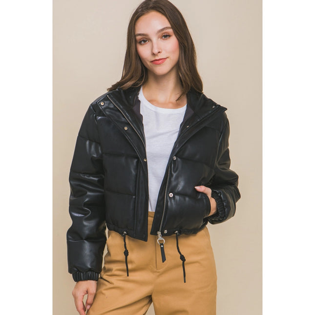 Faux Leather Puffer Jacket Black