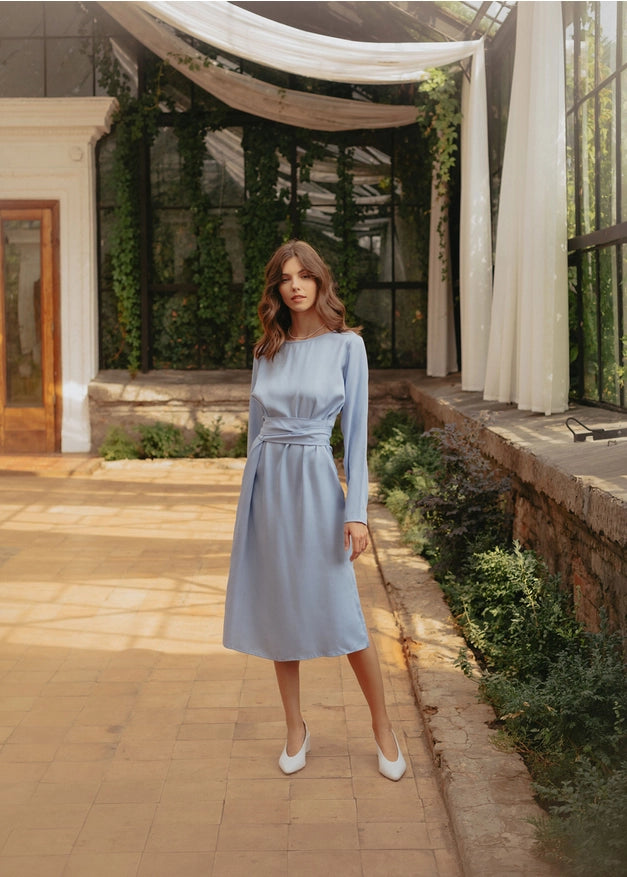 Sky Blue Wrap Tencel Belted Bridesmaid Dress For Women Long-Dress-Nich Linen-XXS-Urbanheer
