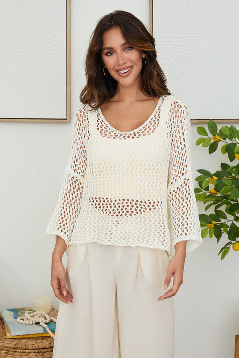Drop Shoulder Crochet V-Neck Tunic - Cream