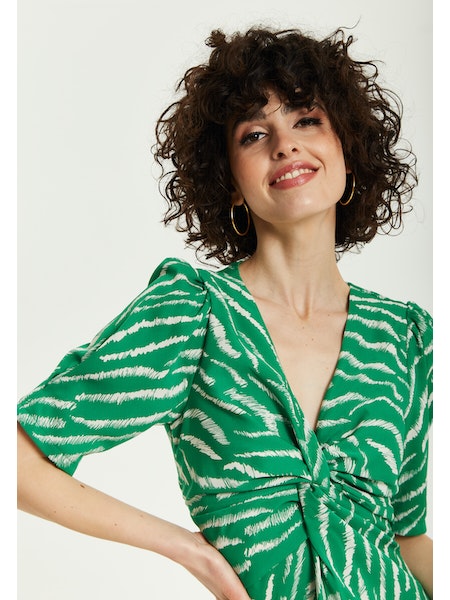 Liquorish Green Zebra Prin Knot Front Midi Dress With Short Sleeves-Liquorish-6-Urbanheer