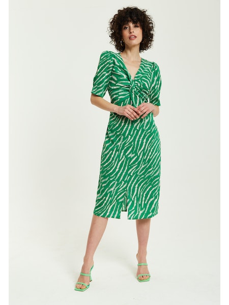 Liquorish Green Zebra Prin Knot Front Midi Dress With Short Sleeves-Liquorish-Urbanheer