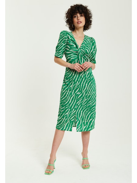 Liquorish Green Zebra Prin Knot Front Midi Dress With Short Sleeves-Liquorish-6-Urbanheer