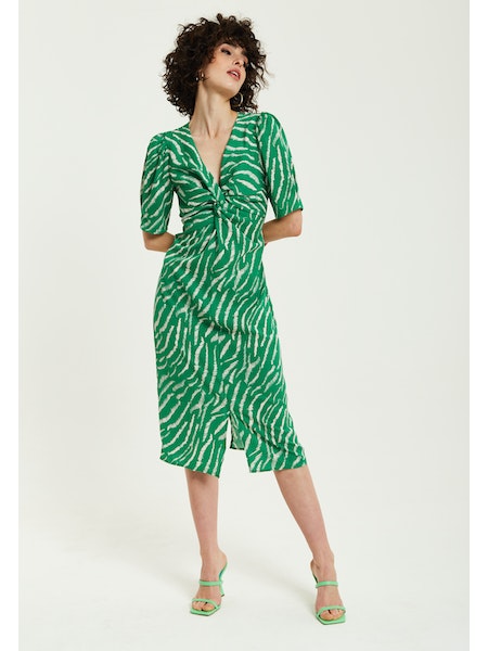 Liquorish Green Zebra Prin Knot Front Midi Dress With Short Sleeves-Liquorish-6-Urbanheer