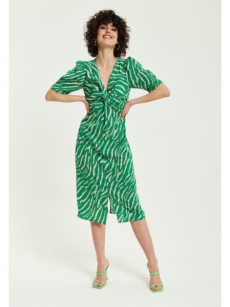 Liquorish Green Zebra Prin Knot Front Midi Dress With Short Sleeves-Liquorish-6-Urbanheer