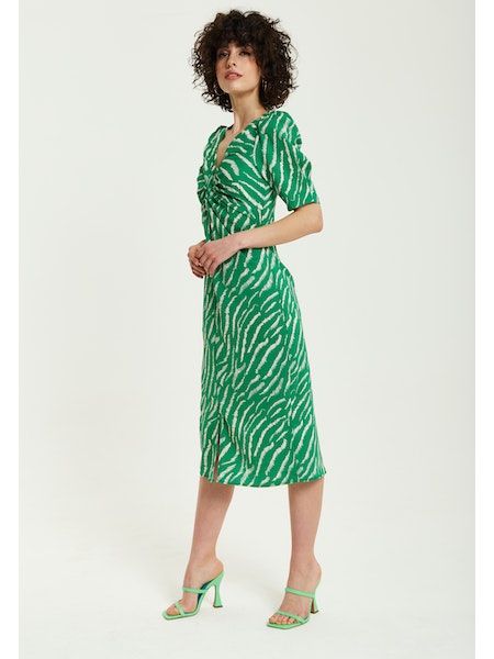 Liquorish Green Zebra Prin Knot Front Midi Dress With Short Sleeves-Liquorish-6-Urbanheer