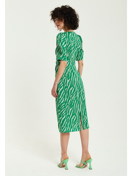 Liquorish Green Zebra Prin Knot Front Midi Dress With Short Sleeves-Liquorish-Urbanheer