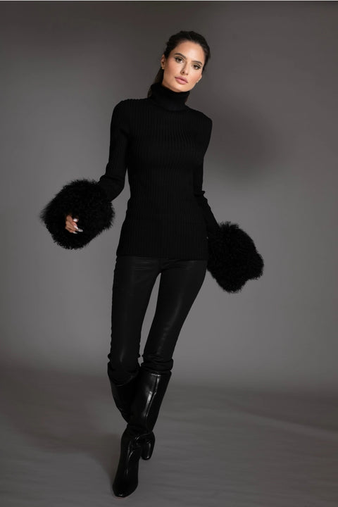 Black Knit Sweater with Mongolian Sheared Wool Cuffs