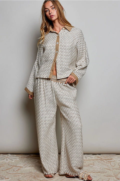 Allover Open-Weave Pattern Waistband Wide-Leg Pants