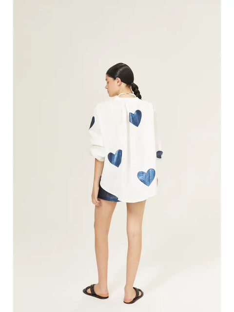 Cupid Linen Shirt - Off-White with Metallic Dark Blue Hearts-Shirt-Lanhtropy-XS-Off-white w/Foil Dark Blue Hearts-Urbanheer