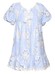 Stripe-Eyelet Dress with Bubble Sleeves