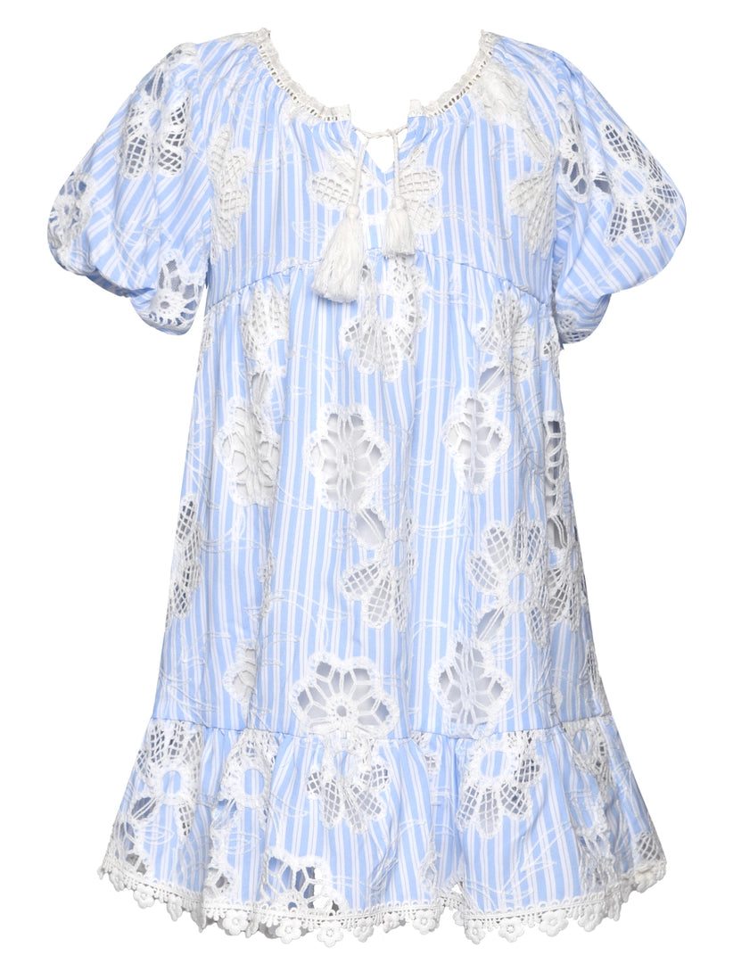 Stripe-Eyelet Dress with Bubble Sleeves