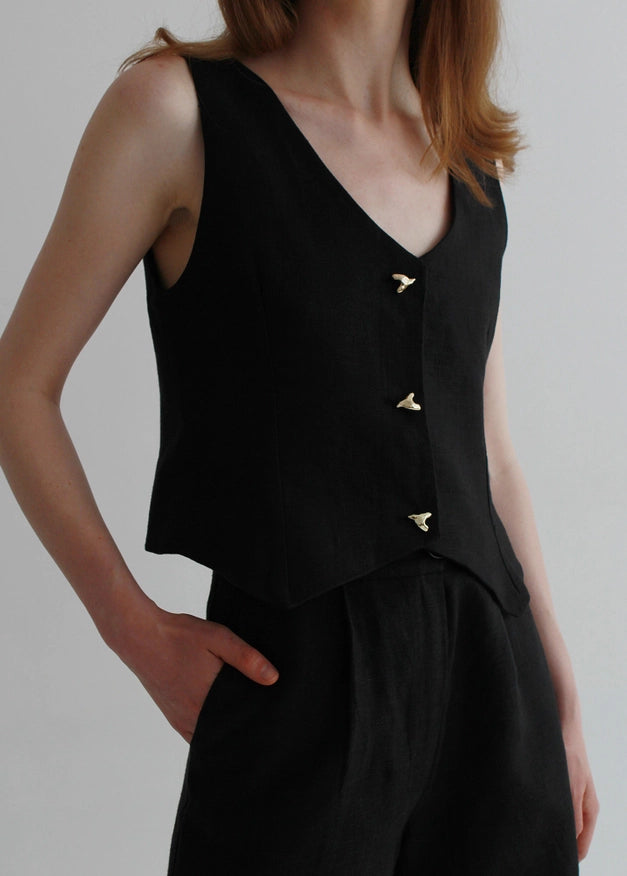 Set Of Black Linen Pants And Waistcoat-Sets-Nich Linen-Of Top-XXS/XS-Urbanheer