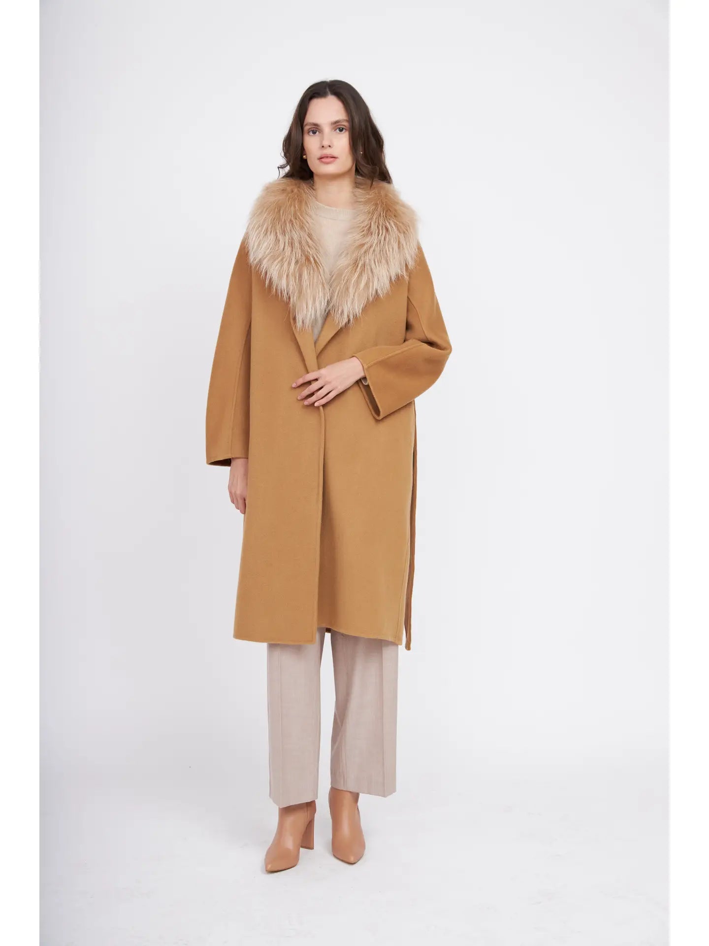 Fur Shawl Collar Cashmere Coat Camel