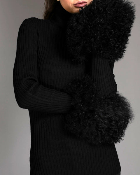 Black Knit Sweater with Mongolian Sheared Wool Cuffs