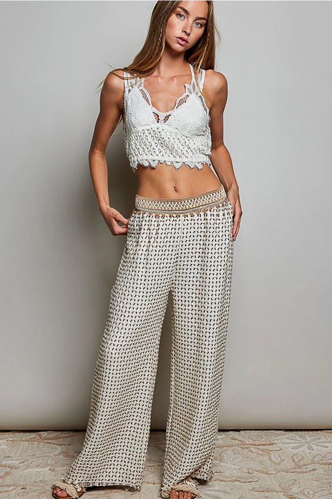 Allover Open-Weave Pattern Waistband Wide-Leg Pants