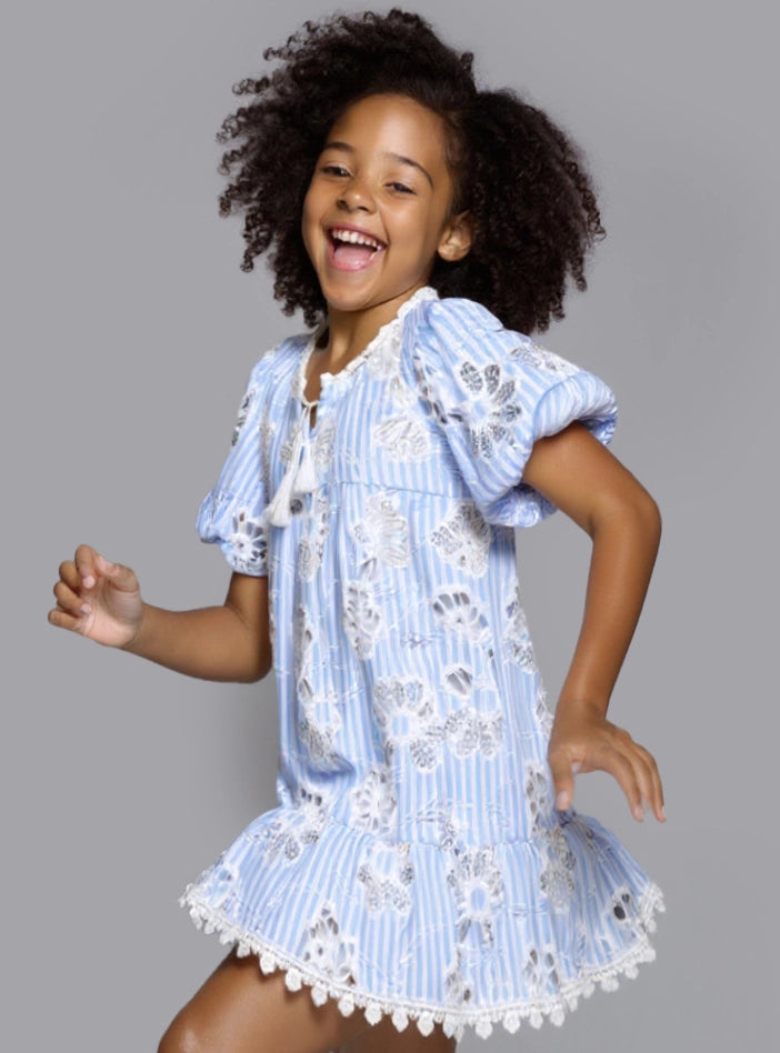 Stripe-Eyelet Dress with Bubble Sleeves