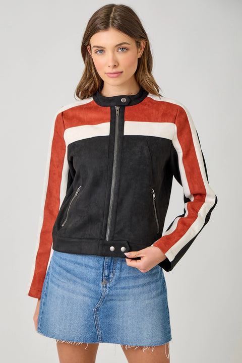 Color Blocked Moto Jacket - Black Combo
