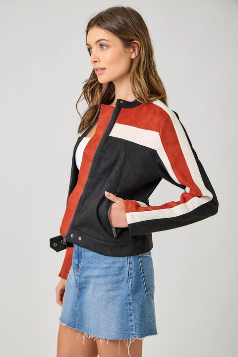 Color Blocked Moto Jacket - Black Combo