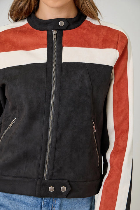 Color Blocked Moto Jacket - Black Combo