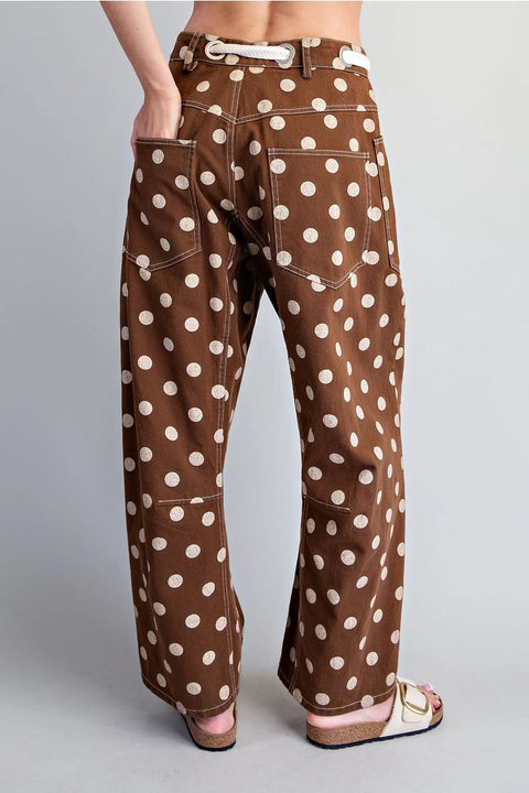 Polka Dot Front Tie Barrel Pants