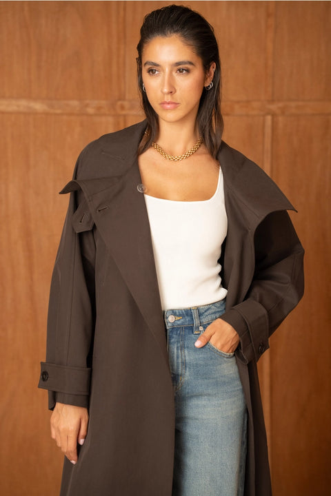 Utility Oversized Long Belted Trench with Stand-Up Collar