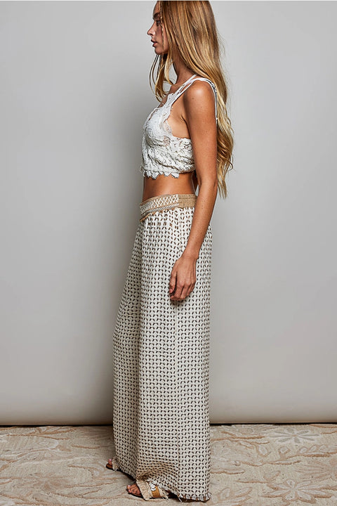 Allover Open-Weave Pattern Waistband Wide-Leg Pants