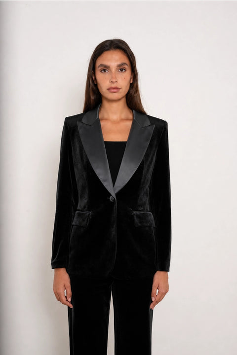 Velvet Fitted Velvet Tuxedo Blazer with Satin Lapel