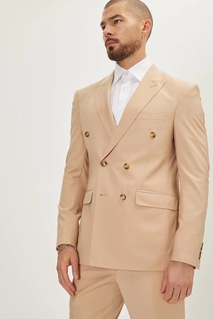 Super 120S Merino Wool Double Breasted Suit - Tan-Suit Jacket and Pants-Ron Tomson-40-Urbanheer