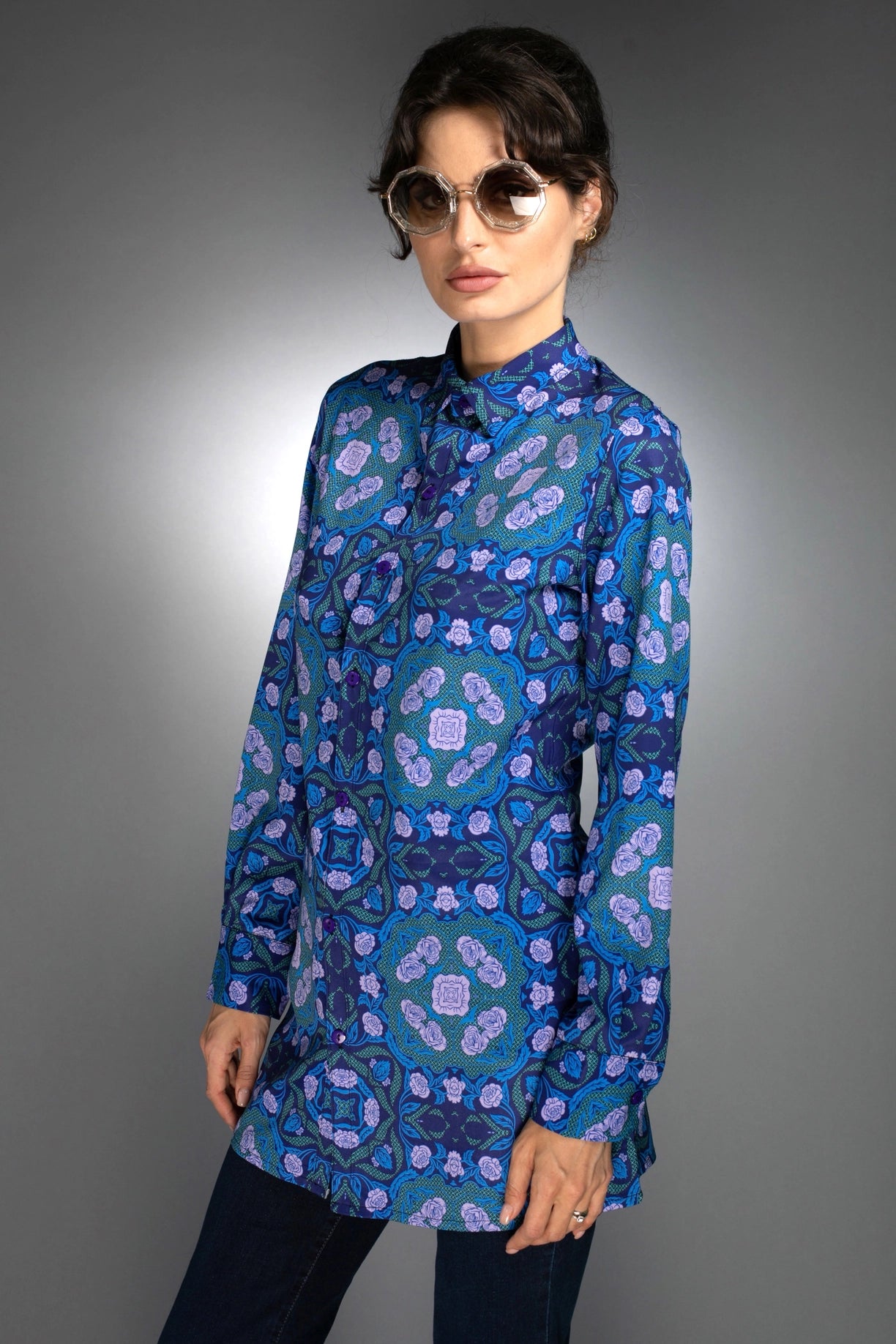 Floral Geometric Shape Long Shirt Roses Cobalt Blue / Lilac-Nuvula-XS-Urbanheer