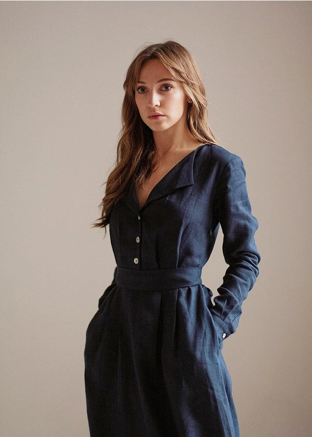 Navy Blue Linen Dress Maxi With Front Buttons And Collar-Dress-Nich Linen-XXS-Urbanheer