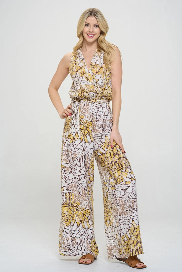 Made in USA Print V Neck Sleeveless Jumpsuit with Tie Multi-Colored-Jumpsuit-Renee C.-Urbanheer