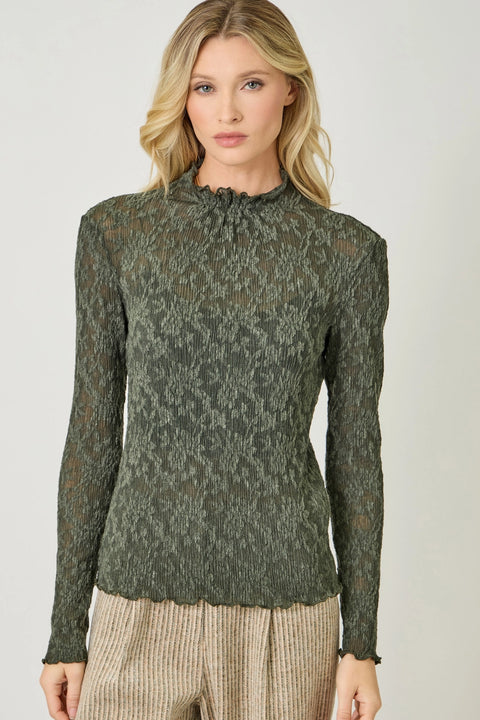 Lettuce Edge Textured Knit Top - Dark Green
