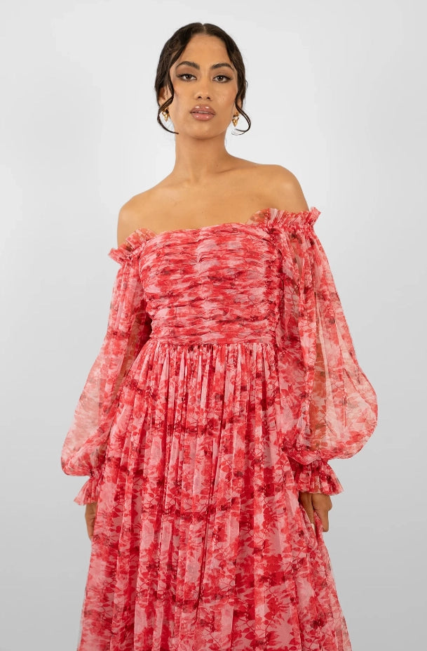 Lana Maxi Dress Red Floral-Lace & Beads-UK 6-Urbanheer